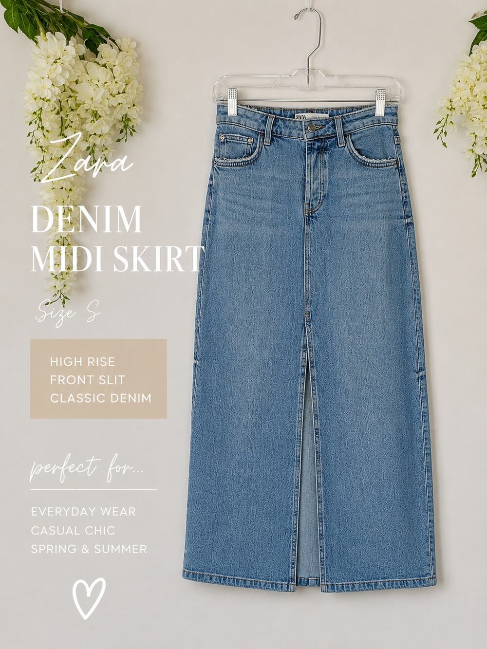 Zara Soft Denim Midi Skirt Size Small Light Wash Slit Front Casual Minimalist